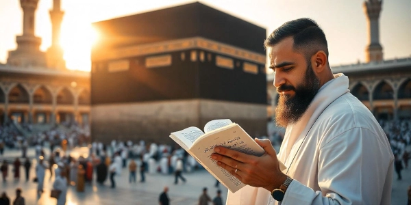 a man reading islamic book beside qaaba